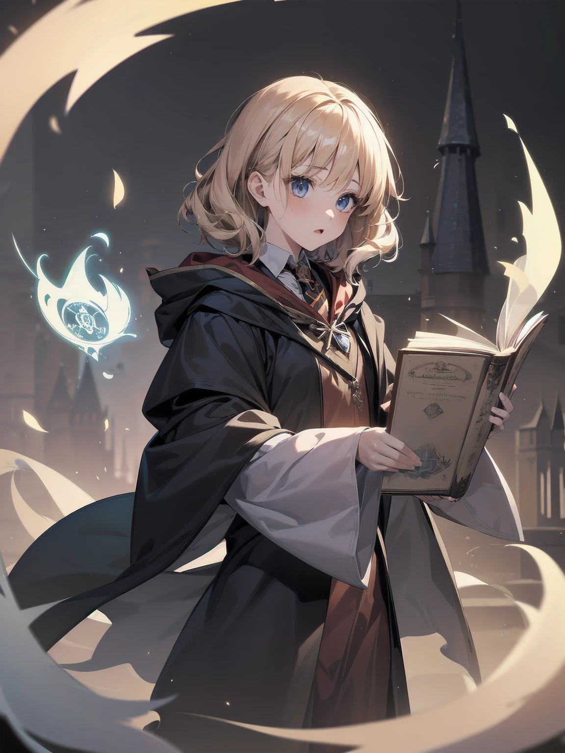 Masterpiece, Top Quality, Absurd, High Resolution, Subject Seismic, Animation Style Illustration with Mock Pause, 1 Girl, Solo, Cute random hairstyle, beautiful random expression and face, random age, slender, random clothing for situation,wizard robes, wand, magical castle, owl, spell book, (Hogwarts: 1.2), magic, wonder, (Harry Potter inspired: 1.3), mysterious atmosphere, details