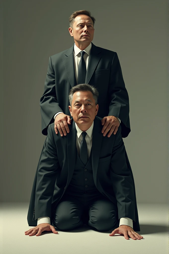 Create image of Brazilian judge Alexandre de Morais with his hands and feet on the floor in the four-legged position and Elon Musk behind him looking up