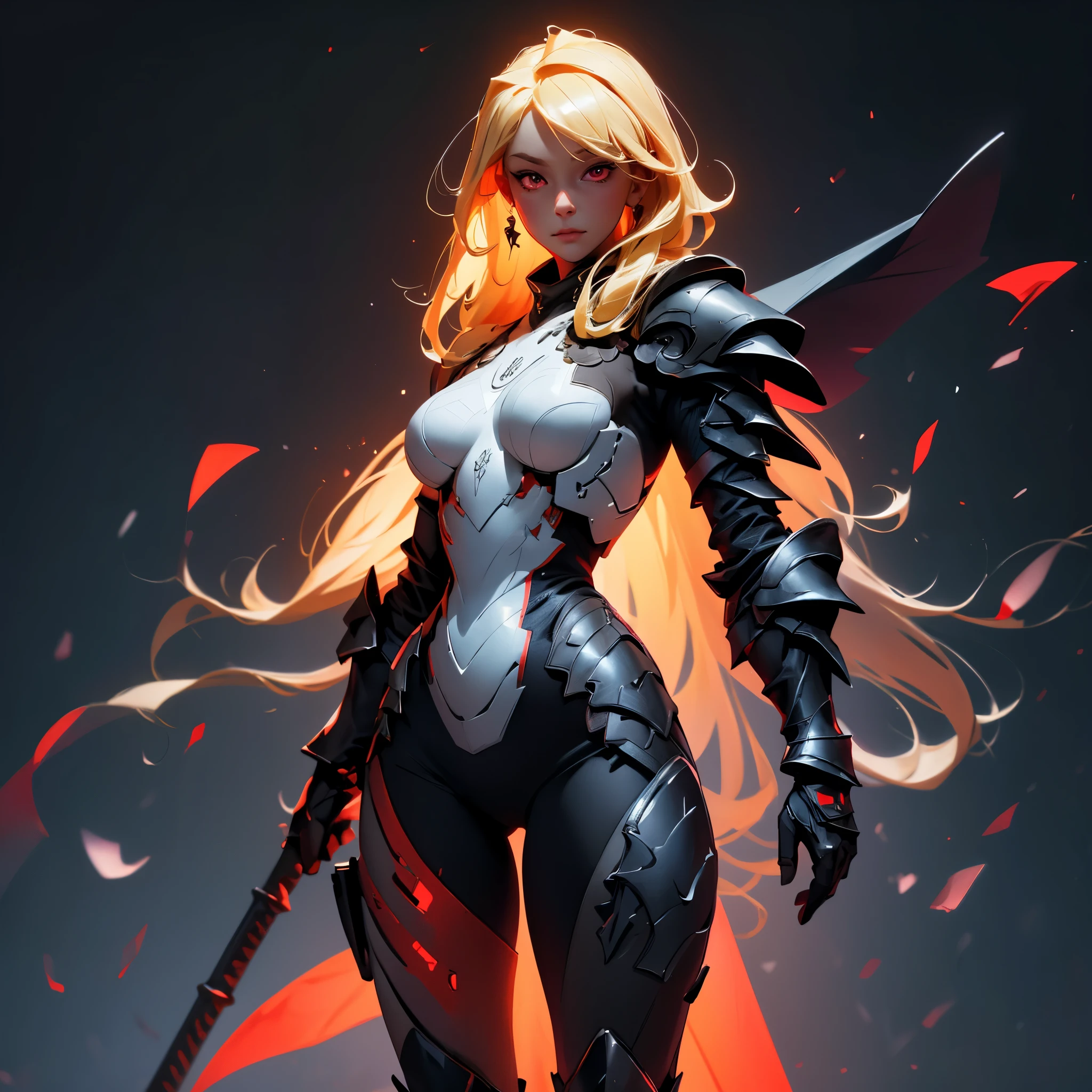 envision a 8k, highres, cinematic, beautiful full body concept art design sheet of a girl with pretty mature features with blonde hair, red eyes, goggles, black tight suit, fantasy armor, jrpg inspired armor, in dark lighting, against a dark gray background