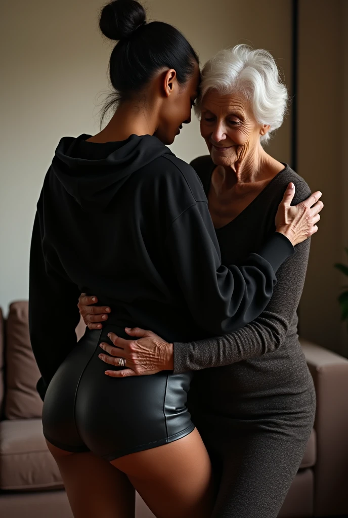 black woman hair in a bun black hoodie black leather short shorts being fucked in the ass by a old grandma in a dress