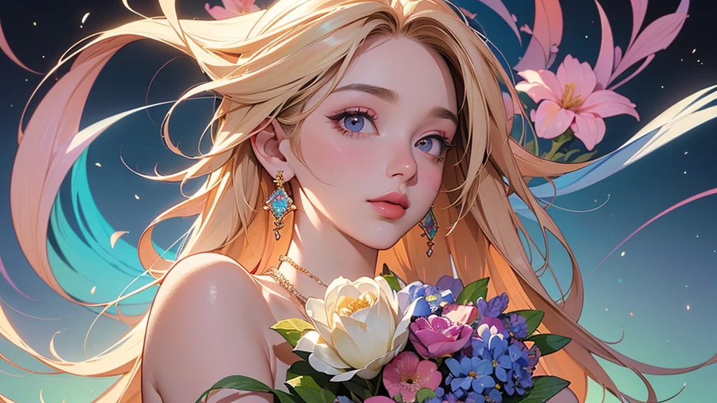 32K, 最高quality, 最高masterpiece, (ultra-Detailed Background, Detailed Background), High resolution, Super detailed, Very detailedな, 1 personの, (bouquet:1.3), (Tangled:1.2), (Geometric:1.2),(colorful),(masterpiece, quality, best quality, Official Art, Beautiful and beautiful:1.2), (1 person:1.3), Very detailed,(colorful:1.1)(Flowers:1.3),Most detailed,(Tangled:1.2), whole body, (Abstract background:1.3), (Skin glows), (Many colors:1.4), ,(Earrings Jewelry:1.5), Gradient Background, It's imaginative., Flaxen Hair,