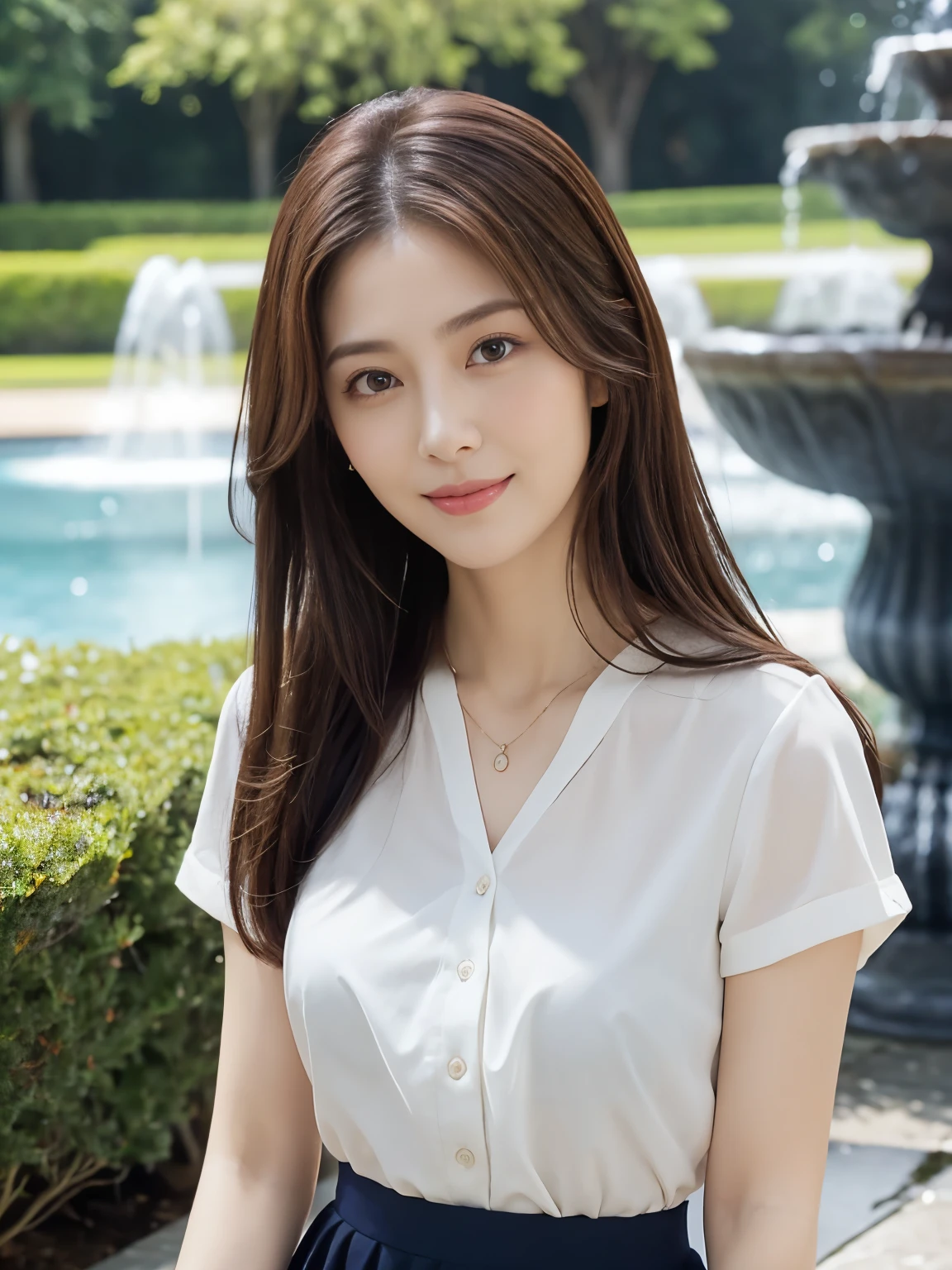 (Raw Photo), (Photorealistic), (Masterpiece), (Top Quality), High Resolution, 8K, (Exquisite Details), (Voluminous Light), Portrait, Woman, Medium Straight Hair, Layered Hair, Reddish Brown Hair, Very Thin Eyes, Source Order, Very Thin Eyebrows, Normal chest, Very Thin Skin, Thin Mouth, Very Thin Nose, Idol-Like, Happy Smile, 2, (Thick Lips), (Looking at the Viewer), (Elegant White Blouse, Navy Blue
tight skirt), Waist Shot, background is a park with a fountain, (Random Body Orientation),