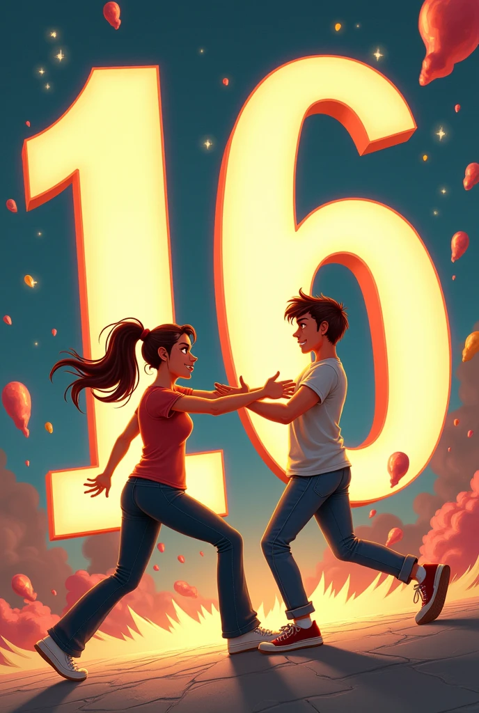 Create a drawing where a girl is forcing her boyfriend to go towards a big animated number that says 16