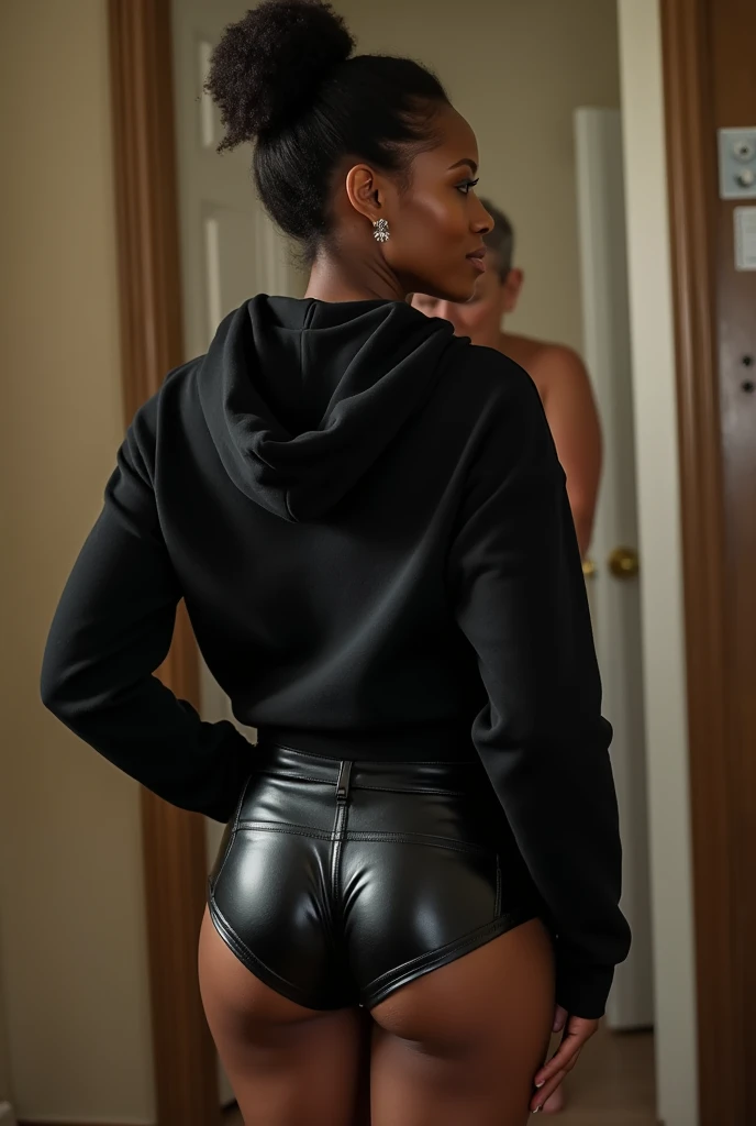 black woman hair in a bun black hoodie black leather short shorts being fucked in the ass by a old grandma in a dress