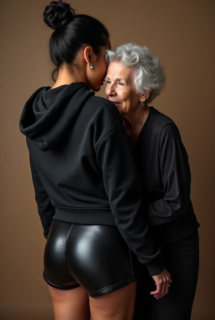 black woman hair in a bun black hoodie black leather short shorts being fucked in the ass by a old grandma in a dress
