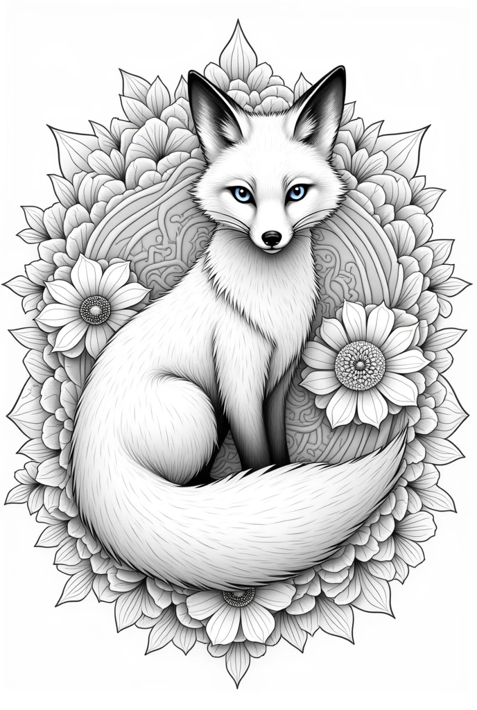 beautiful fox, coloring page for adults, photo realistic, clean line art , florals, high detailed, no background, mandala, white, black, coloring book, sketchbook, realistic sketch, free lines, on paper, character sheet, 8k