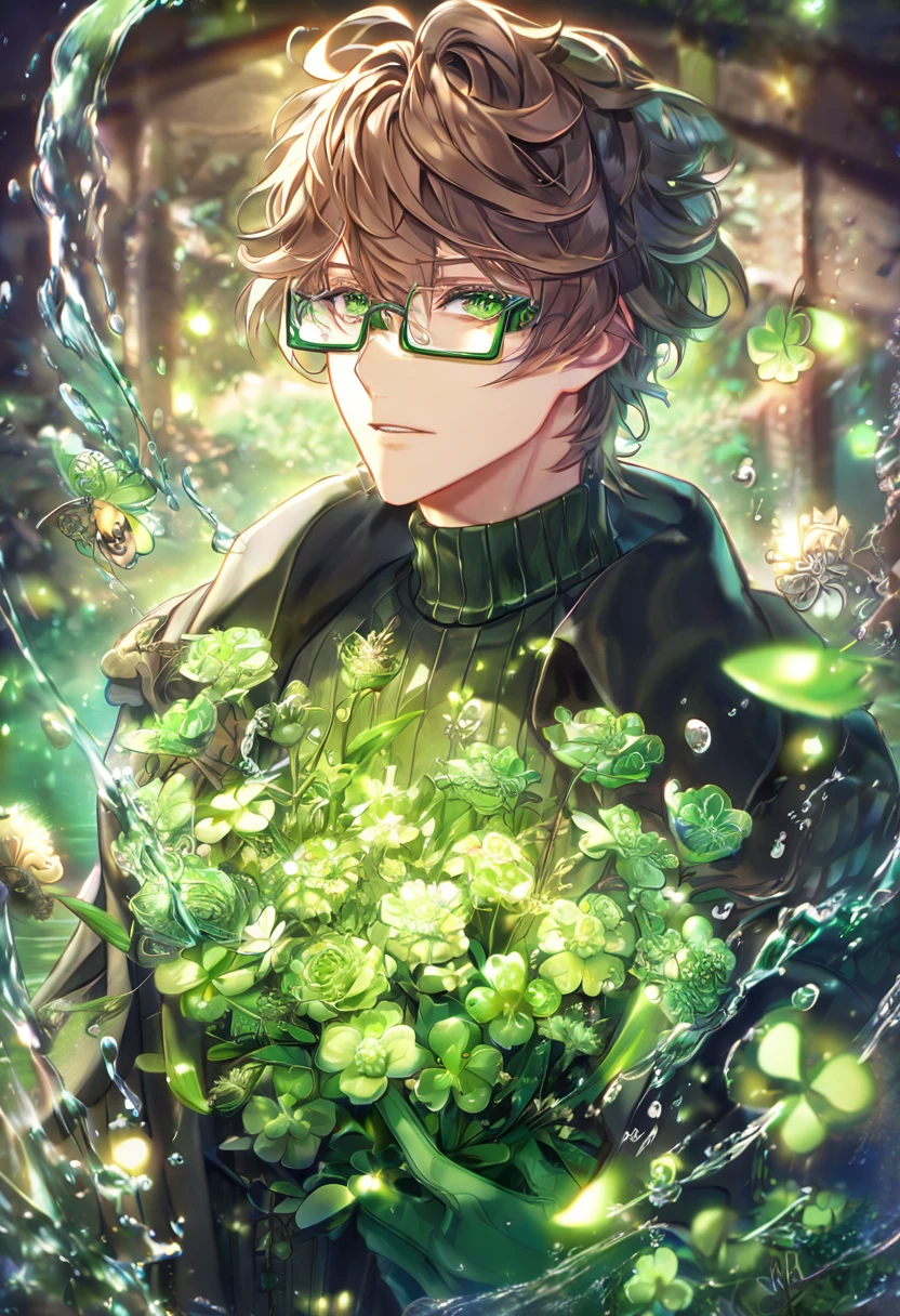 absurdres, highres, ultra detailed, HDR, master piece, Kent, mousy brown hair, messy hair, expressive green eyes, square glasses, black long jacket with turtle neck, green gloves, Amnesia Memories, sexy man, handsome, best quality, green blossoms, green petals, green flowers, fantasy, magical, green shining fireflies, solo, water, clover cards,