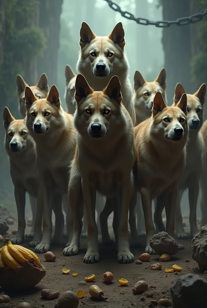 troop of 10 dogs with one in the middle being the alpha of all, the alpha commands the dog pack, and the one in charge is also a dog, the dogs killed the banana wizard