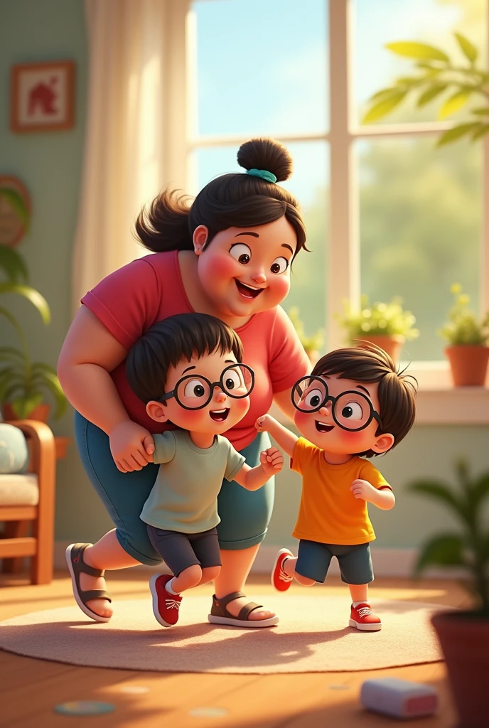 Create a Pixar-style cartoon of a chubby 6 woman with her athletic 2 son and her chubby 3 daughter with big glasses