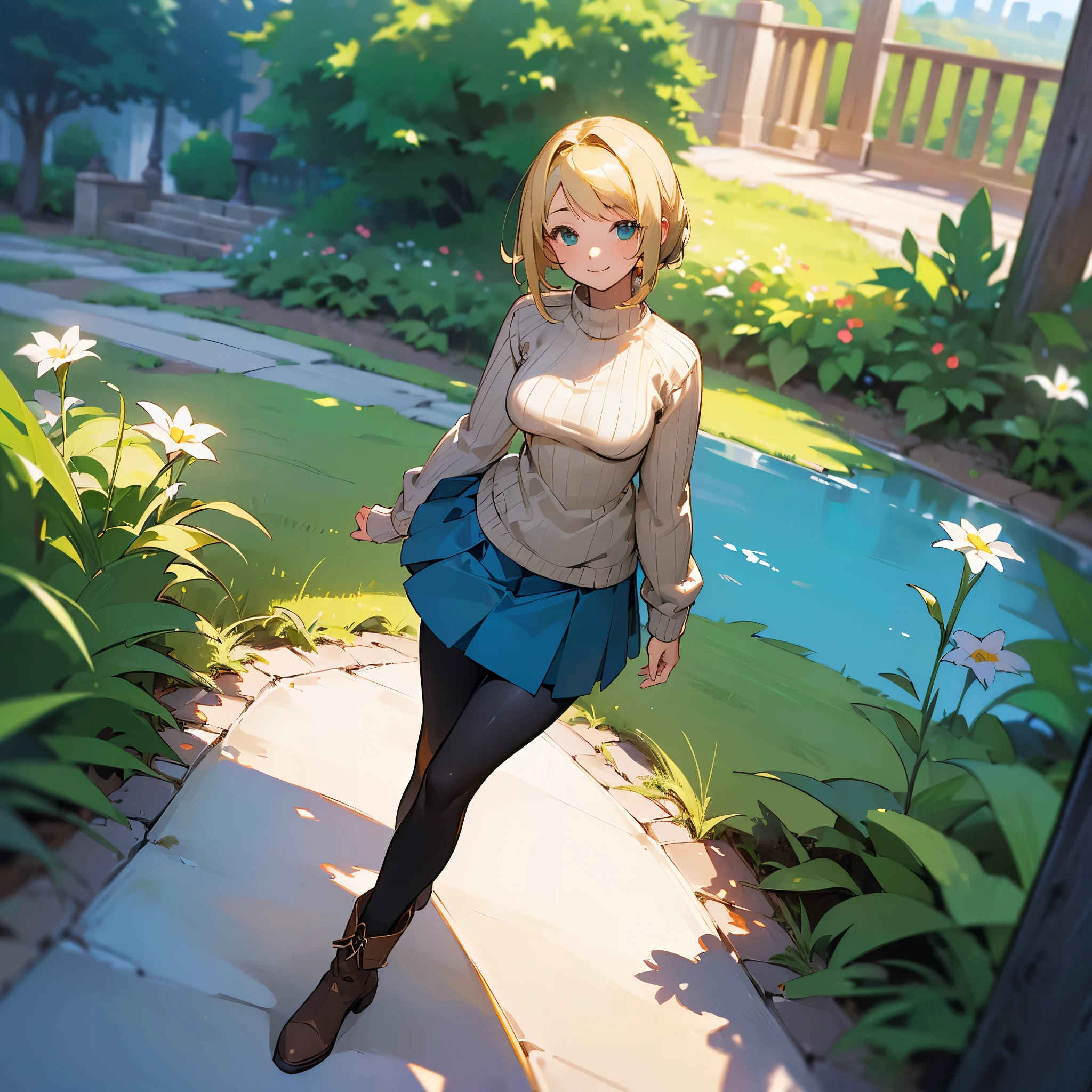 (high quality, High resolution, Very detailed, reality:1.37), Peaceful atmosphere, (Outdoor, garden), Teenage girl standing alone, (my breasts are big.), Beautiful details, Cute Smile, (Blonde Bob Hair), Ribbed sweater, Blue Skirt, Black tights, Brown boots.