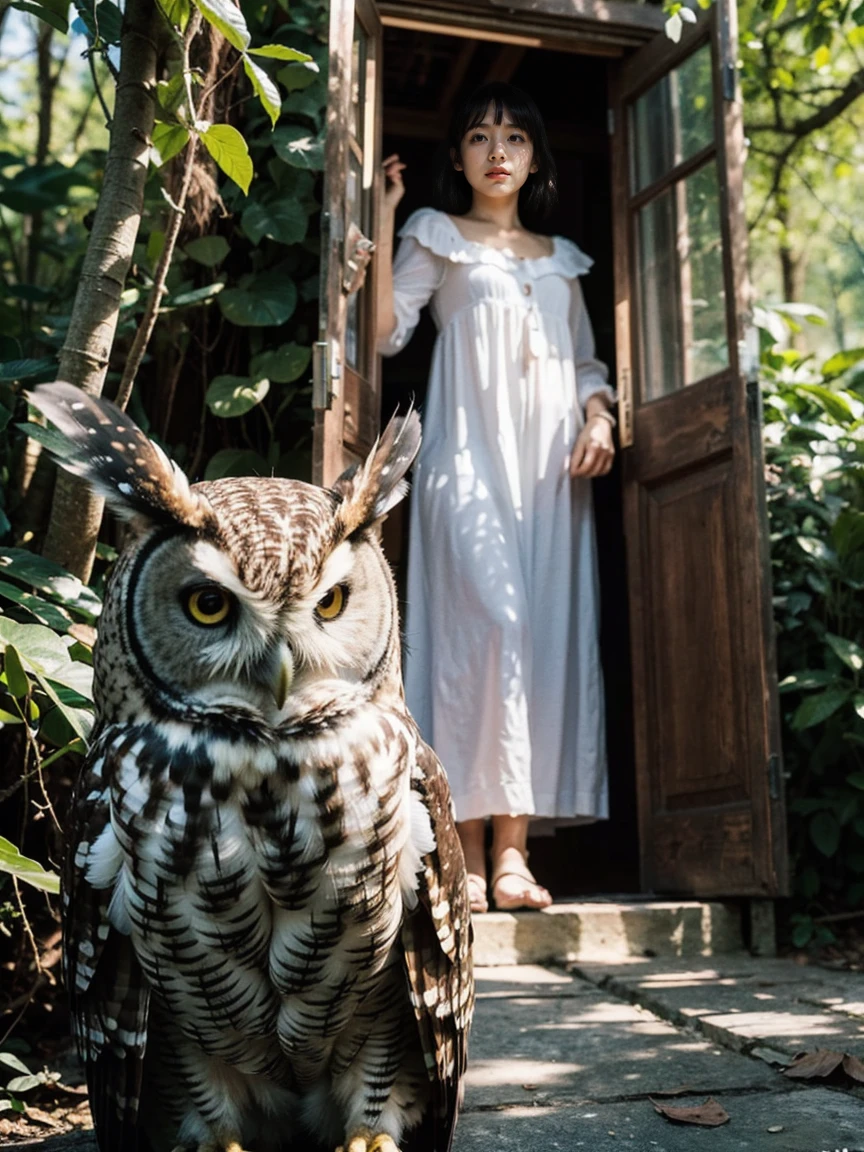 ((Top Quality)), ((Masterpiece)), ((Details)), upper body, (big eyes: 1.2), ((close-up: 1.2)), More Saturation, strong reflections, bright shade, Place the girl in the foreground at large, ((Surrealism: 1.3)), secret door, guard dog, owl, girl, "In the heart of an overgrown forest, a girl discovers a secret door hidden within the roots of an ancient tree. A vigilant watchdog guards the entrance, while an owl perches silently above, its keen eyes reflecting the mysteries beyond the door."