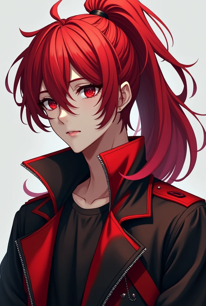 Anime boy with long red hair with a very long diluc style ponytail with red eyes and a red and black designer jacket