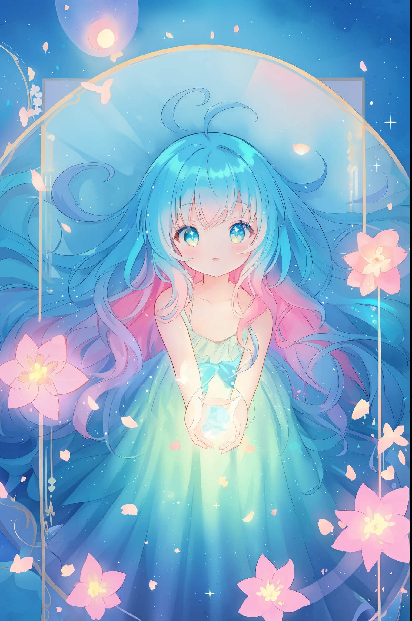 beautiful anime girl in flowing layered ballgown, vibrant pastel colors, (colorful), magical lights, magical flowers, flowers, glowing lights, red pink long wavy hair, sparkling lines of light, inspired by Glen Keane, inspired by Lois van Baarle, disney art style, by Lois van Baarle, glowing aura around her, by Glen Keane, jen bartel, glowing lights! digital painting, flowing glowing hair, glowing flowing hair, beautiful digital illustration, fantasia background, whimsical, magical, fantasy, beautiful face, ((masterpiece, best quality)), intricate details, highly detailed, sharp focus, 8k resolution, sparkling detailed eyes, liquid watercolor