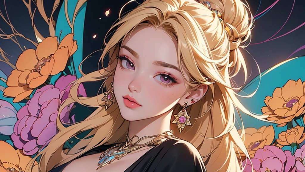 32K, 最高quality, 最高masterpiece, (ultra-Detailed Background, Detailed Background), High resolution, Super detailed, Very detailedな, 1 personの, (bouquet:1.3), (Tangled:1.2), (Geometric:1.2),(colorful),(masterpiece, quality, best quality, Official Art, Beautiful and beautiful:1.2), (1 person:1.3), Very detailed,(colorful:1.1)(Flowers:1.3),Most detailed,(Tangled:1.2), whole body, (Abstract background:1.3), (Skin glows), (Many colors:1.4), ,(Earrings Jewelry:1.5), Gradient Background, It's imaginative., Flaxen Hair,