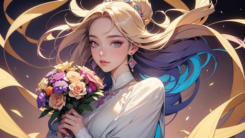32K, 最高quality, 最高masterpiece, (ultra-Detailed Background, Detailed Background), High resolution, Super detailed, Very detailedな, 1 personの, (bouquet:1.3), (Tangled:1.2), (Geometric:1.2),(colorful),(masterpiece, quality, best quality, Official Art, Beautiful and beautiful:1.2), (1 person:1.3), Very detailed,(colorful:1.1)(Flowers:1.3),Most detailed,(Tangled:1.2), whole body, (Abstract background:1.3), (Skin glows), (Many colors:1.4), ,(Earrings Jewelry:1.5), Gradient Background, It's imaginative., Flaxen Hair,