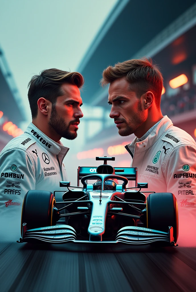 Formula 1 book cover featuring Mercedes and Aston Martin rival drivers