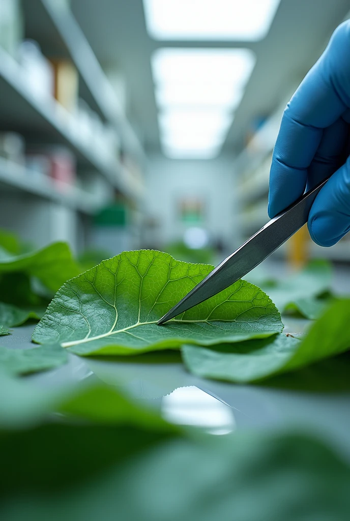 scalpel cutting a muña leaf in a laboratory room