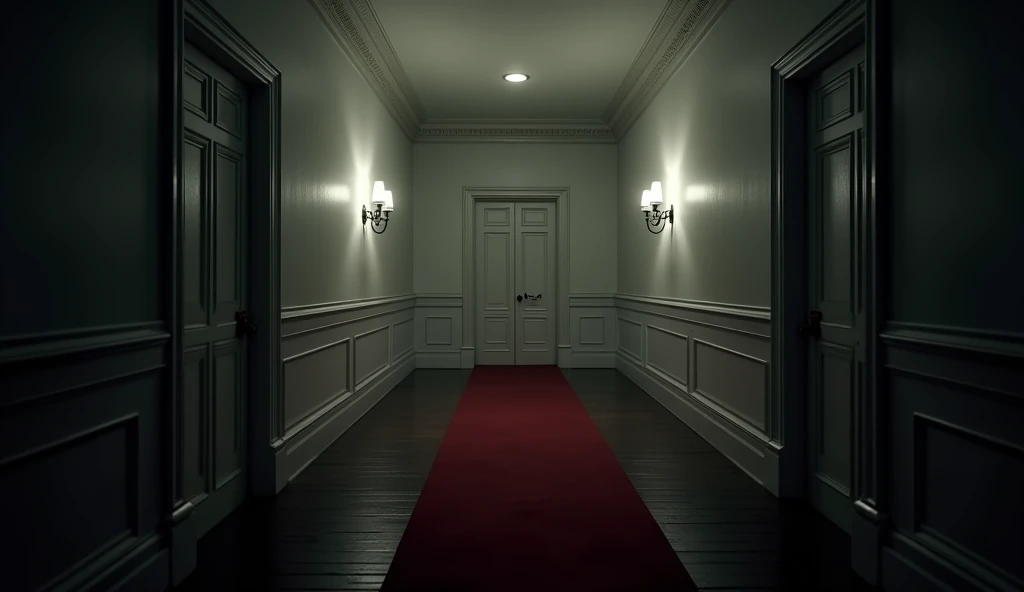 A detailed interior image of a dimly lit, eerie white hallway in a mansion. The scene is characterized by its shadowy, monochromatic color palette, with a focus on a single closed door at the end of the corridor. The walls are adorned with classic wainscoting, and the ceiling is embellished with intricate molding. The hallway is illuminated by a few antique wall sconces, casting a faint, ominous light. A red carpet runs along the wooden floor, leading towards the door, adding a stark contrast to the otherwise muted tones. The overall atmosphere is tense and foreboding, reminiscent of a scene from a horror or suspense narrative.