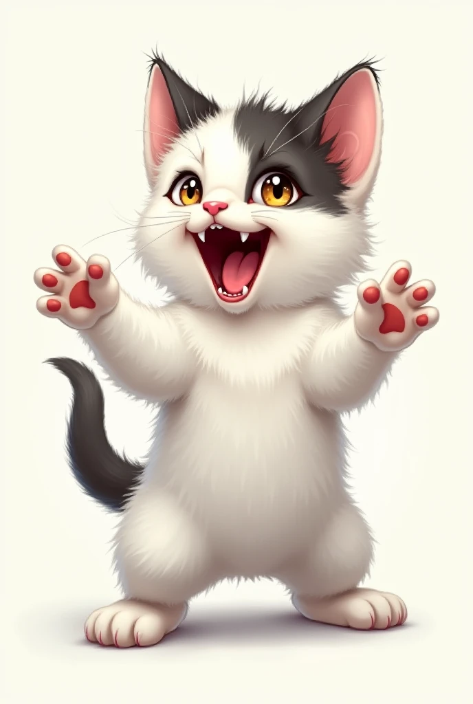 Drawing of a white kitten with black and brown that is standing showing its paws in a wild way but that is happy showing its fangs that is more white than black