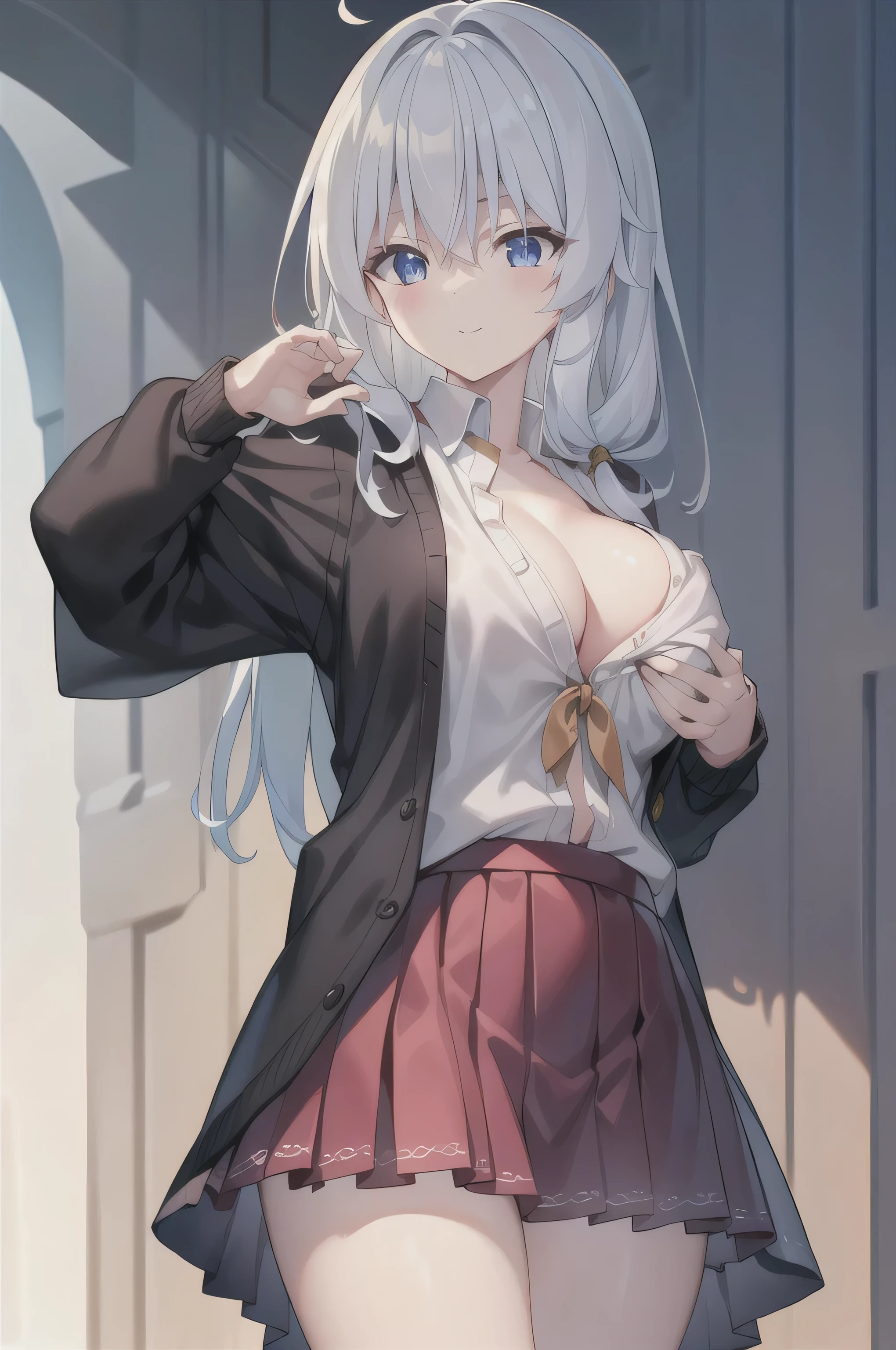 White hair, Long hair,( Eye:1.5), (Big breast:1.2),
Short skirt for rest, Red Skirt, White shirt, Seto Fuku,Low-cut,cardigan,Close your eyes,Black,Cleavage Rest,At the same time look at the audience,nipple,breast,Unbuttoned clothes,underwear,
Rest indoors, Class (masterpiece:1.2), best quality, high resolution, Unity 8K wallpaper, (illustration:0.8), (Beautiful and delicate Eye:1.6), Extremely detailed face, Perfect lighting, Extremely detailed CG, (Perfect hands, Perfect anatomical structure),