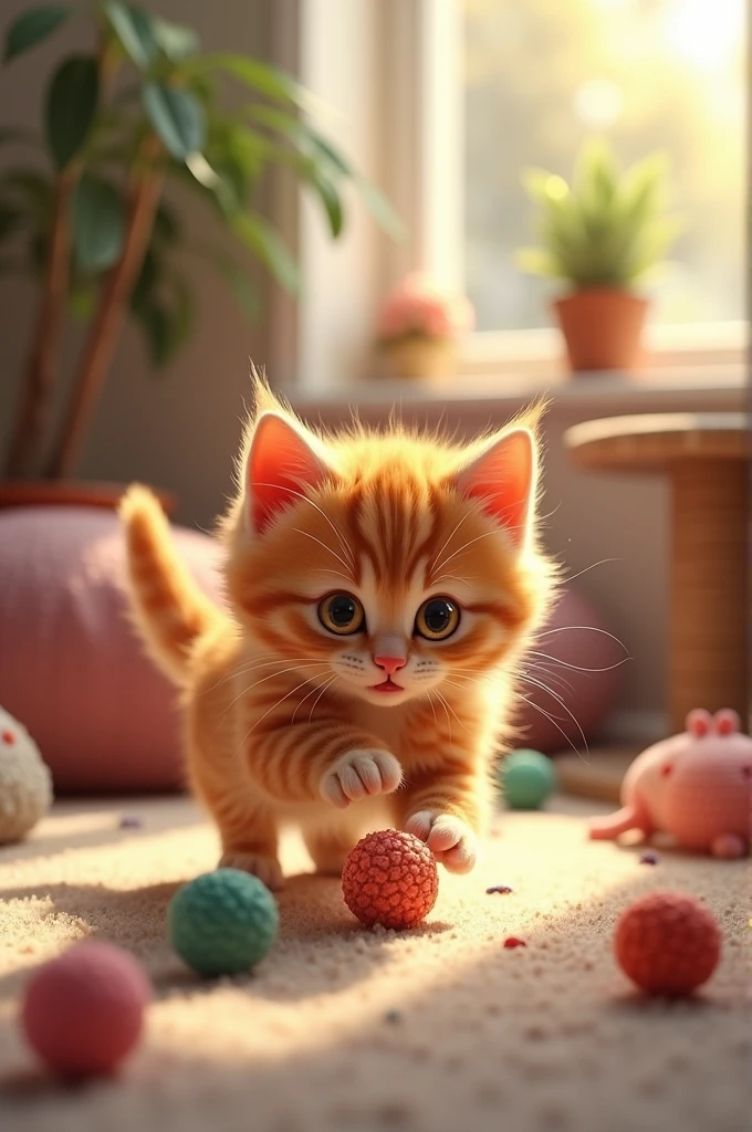 Ginger kitten playing with a ball