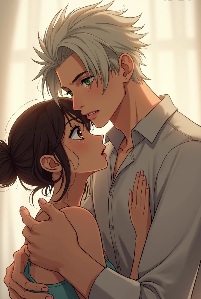 brown hair messy bun woman crying with brown eyes,tan skin a tall man with white blonde hair,plae skin and green eyes he smiles at her and hugs her anime skin