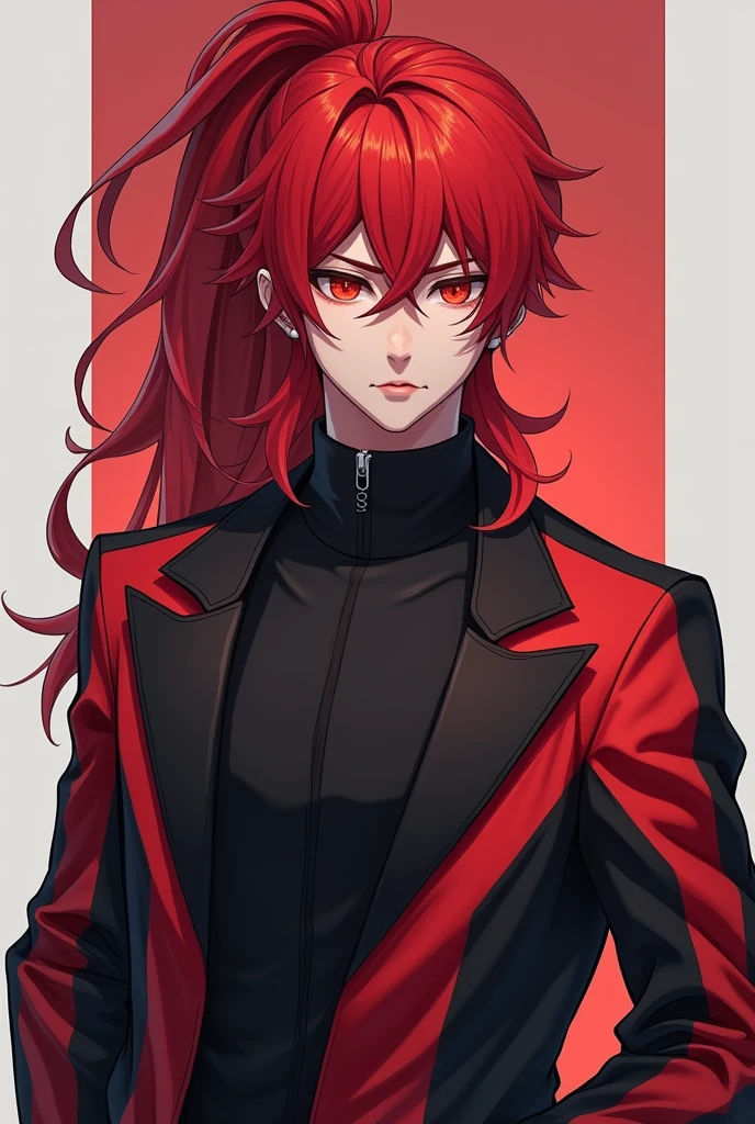 Anime boy with long red hair with a very long diluc style ponytail with red eyes and a red and black designer jacket
