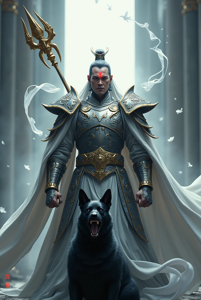 Full body photo,Unreal Engine,Heavenly general,Erlang Shen Yang Jian,Silver shining,Holy Backlight,White streamer flying,Full of pressure,Wearing silver armor,Red eyes,(There is an extra vertical eye in the middle of the forehead:1.7),Holding a golden trident behind his back,The black growling dog followed closely behind,Ferocious face,Dark mythology style,The scene is ethereal,Ethereal,Dark Tones,Perfect composition,Smile