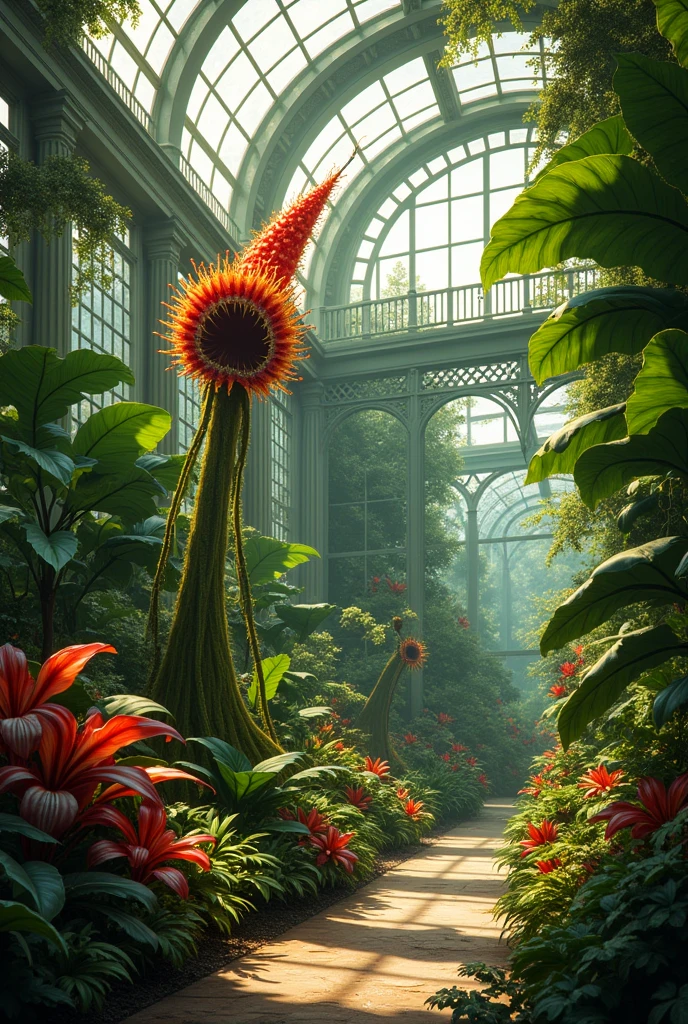 a bunch of different and mysterious plants in a conservatory, along with a carnivorous plant .