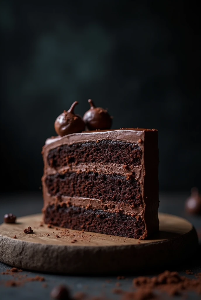 cinematic film still chocolate, chocolate cake, dark background, quality photo, moist texture, frosting, studio photo, slice . shallow depth of field, vignette, highly detailed, high budget, bokeh, cinemascope, moody, epic, gorgeous, film grain, grainy