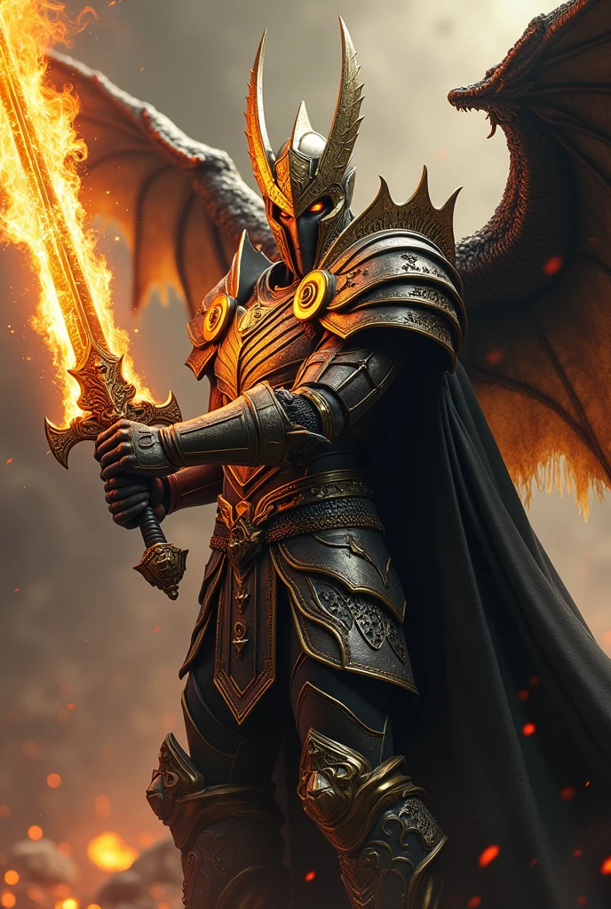 Great quality, masterpiece, Highest quality, Very detailed, Very detailed, Ultra-high resolution, 32K
, Stylish pose, Wearing armor with a wonderful texture, Gold, black and silver armor, Glowing flaming sword in hand, Soft colors, blonde, Dragon'shoulder 火を吐くDragon Sword Stylish gorgeous demonic gauntlets Cinema Lighting Movie Posters Realistic Clear, beautiful eyes 8k.Crystal Shoulder Pads, Very detailed Black and Gold Demonic Shield Full body pose
