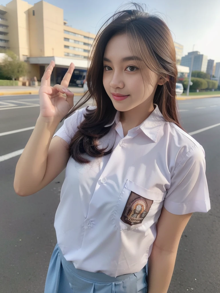 1girl, solo, 1, (uniform), detailed Metropolitan city at the background, portrait, thick breasts, semi-curvy body, Sixpack abs, smooth realistic skin, cute smile, tight white shirt, grey blue short skirt, looking at the audience, high angle shot,(8k, RAW photo, best quality, masterpiece: 1.3), (realistic, realistic: 1.37), ultra-high resolution, cowboy shot