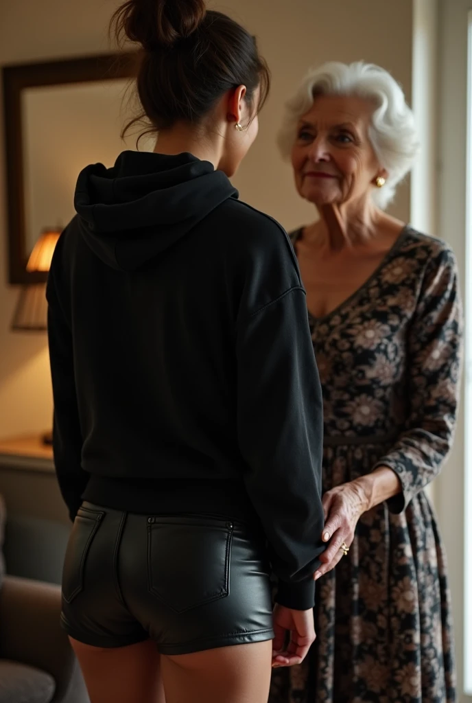 black woman hair in a bun black hoodie black leather short shorts being fucked in the ass by a old grandma in a dress