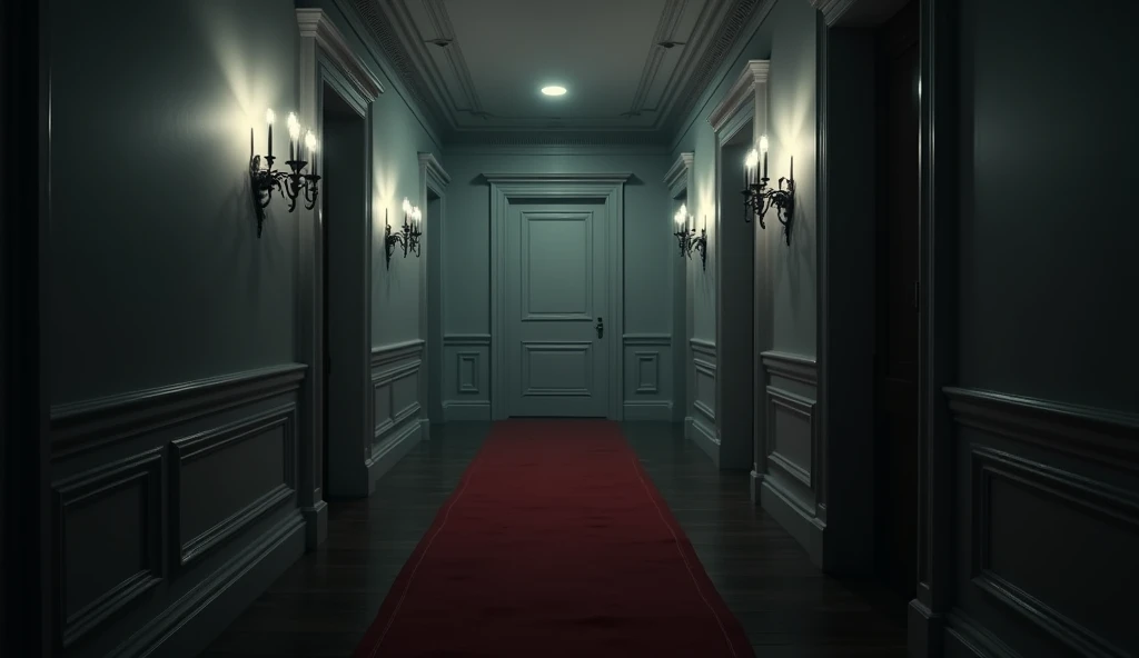 A detailed interior image of a dimly lit, eerie white hallway in a mansion. The scene is characterized by its shadowy, monochromatic color palette, with a focus on a single closed door at the end of the corridor. The walls are adorned with classic wainscoting, and the ceiling is embellished with intricate molding. The hallway is illuminated by a few antique wall sconces, casting a faint, ominous light. A red carpet runs along the wooden floor, leading towards the door, adding a stark contrast to the otherwise muted tones. The overall atmosphere is tense and foreboding, reminiscent of a scene from a horror or suspense narrative.