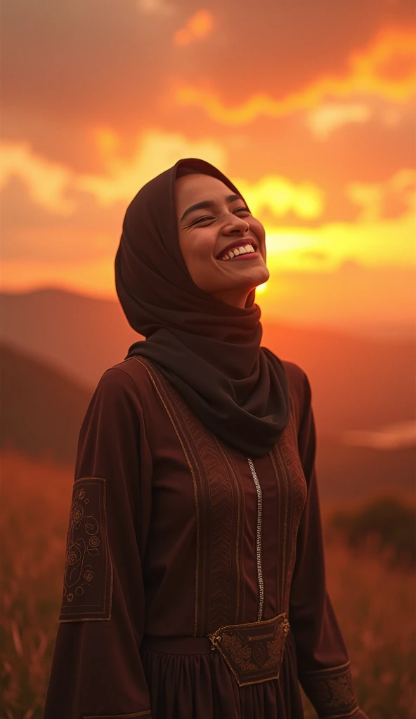 A women indobesia muslim person who is laughing as if free from problems, a confusing atmosphere with a unique panoramic background, there is a reddish yelow bias in the sky and an atmosphere that is rarely known to humans man.