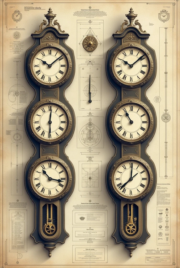 plans of clocks stuck on a wall