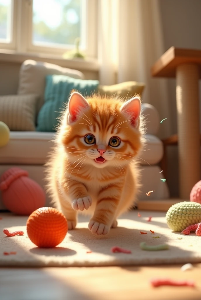 Ginger kitten playing with a ball 