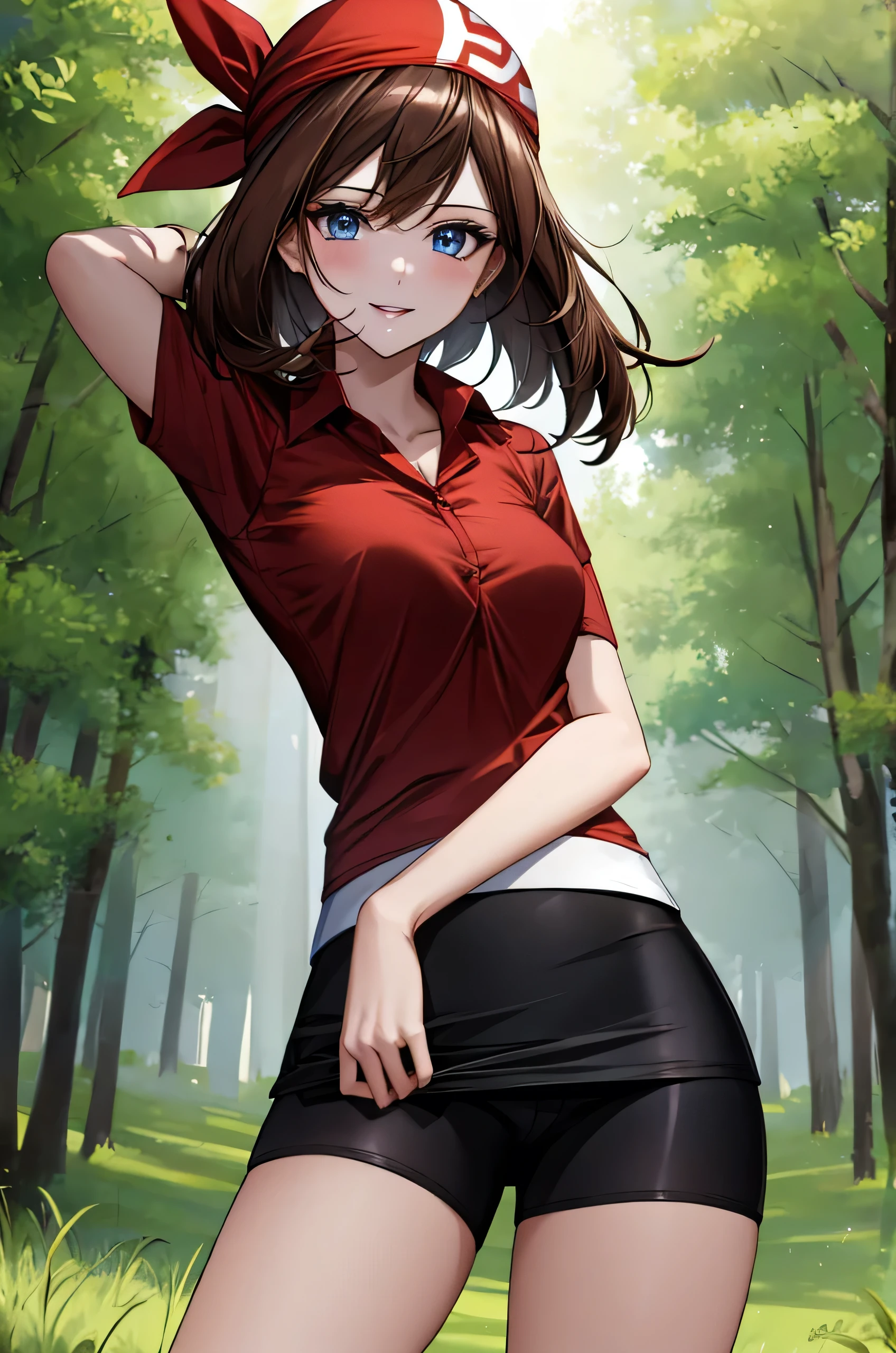 1girl, standing, spread legs, put one hand on hips, from below, facing viewer, BREAK may pokemon, brown hair, medium hair, blue eyes, red bandana, red shirt, collared shirt, short sleeves, small breasts, black shorts, bike shorts, shorts under skirt, miniskirt, white skirt, (smile:0.8), BREAK detailed background, forest, BREAK (best quality, masterpiece, UHD, ultra detailed), (beautiful face, shiny skin), (detailed eyes), (perfect anatomy), (professional lighting)