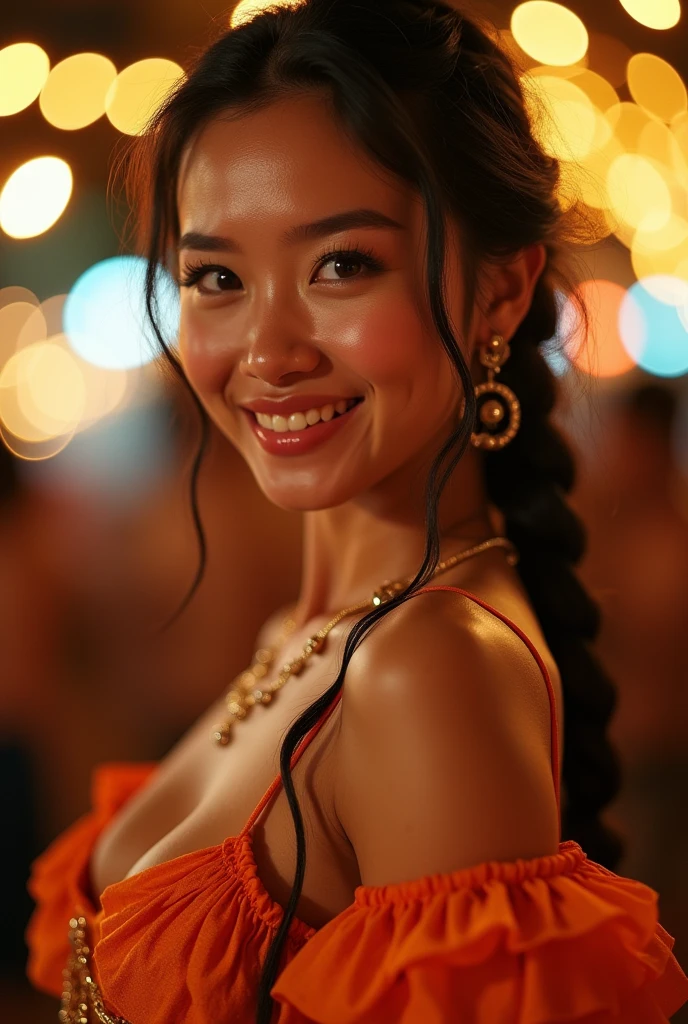 Vivid 8K resolution images、The 20-year-old Asian beauty was captured dancing.、Her glowing skin is shown under the vibrant lights of Brazil&#39;s Samba Carnival。Her detailed face with sparkling eyes and a lovely smile、Surrounded by cowboy-inspired settings、The background is blurred to emphasize the dynamic pose.。she、Ample breasts、Beautifully braided trendy hair、She wears flamboyant, colorful outfits that accentuate her sensual gaze, exuding a seductive and sexy energy.。This samba dancer&#39;s body、From a slim waist to a shapely butt、It is a well-balanced masterpiece.、The gap between her legs adds to her charm。When she changes her pose、A golden face shines with golden light、Highlights perfect features。the result、The result is visually stunning and captivating images.、A true masterpiece of beauty and sensuality.。