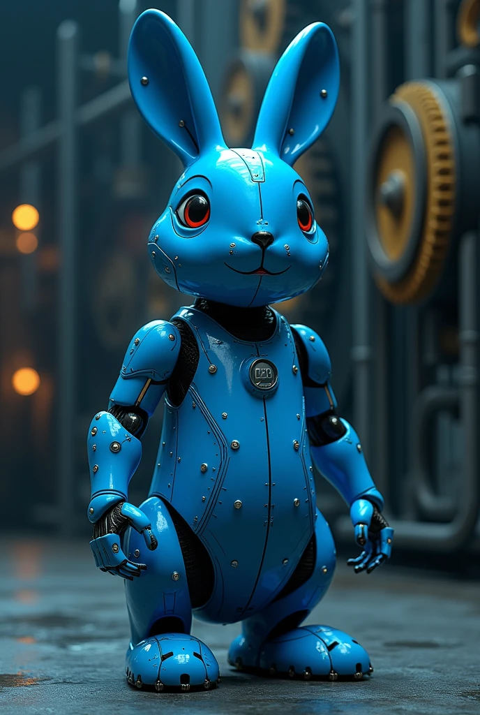 Create an image of a blue, legless animatronic rabbit