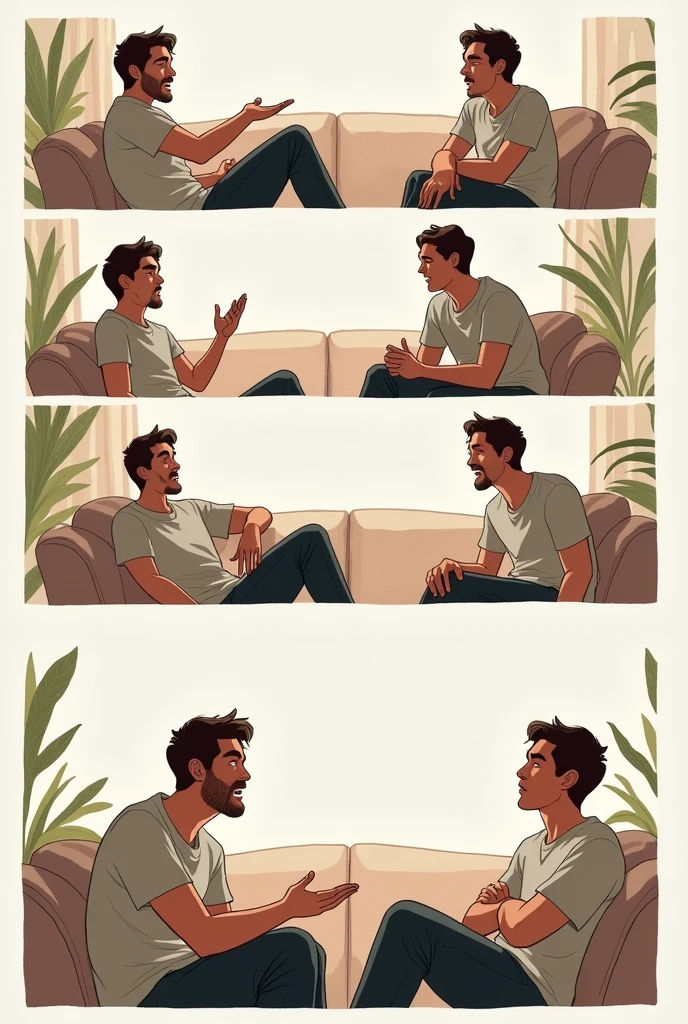 Make a comic of 10 panels in wich 2 guys have a conversaton, the guys are in a sofa and have empty dialogue clouds.