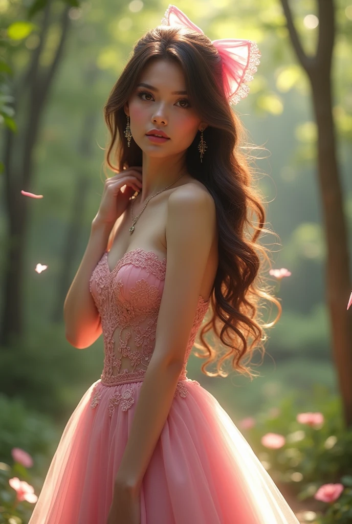 ((Realistic lighting, top quality, 8K, Masterpiece: 1.3)), Clear Focus: 1.2, 1Woman, Perfect Beauty: 1.4, Yushuxin, 1Girl, Dress, Solo, Brunette, Jewelry, Long Hair, Earrings, Bow, Pink Dress, Wood, Nature, Outdoor, Bare Shoulder, Airless Gainsboro, Long Dress, Hair Bow, Forest, Pink Bow,Strapless, Standing, Necklace, Head Tilt, Chapped Lips, Wavy Hair, Strapless Dress,Lace Sleeves, cetin dress,close-up woman in pink dress posing for photo,beautiful virgin,beautiful korean woman, beautiful princess, cute elegant pose, bell delphine, wearing pink dress, beautiful fantasy maiden, anime princess, beautiful seductive anime woman,beautiful asian girl, attractive anime girl, elegant glamorous cosplay,(lying on bed:1.8),(beautiful orb-articulated doll:1.3),luxurious princess dress