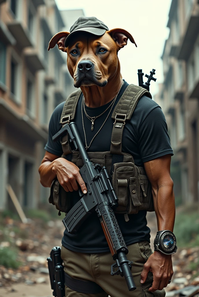A pitbull dog wearing weapons from abandoned buildings in the background with a little Brazilian cap and a black t-shirt