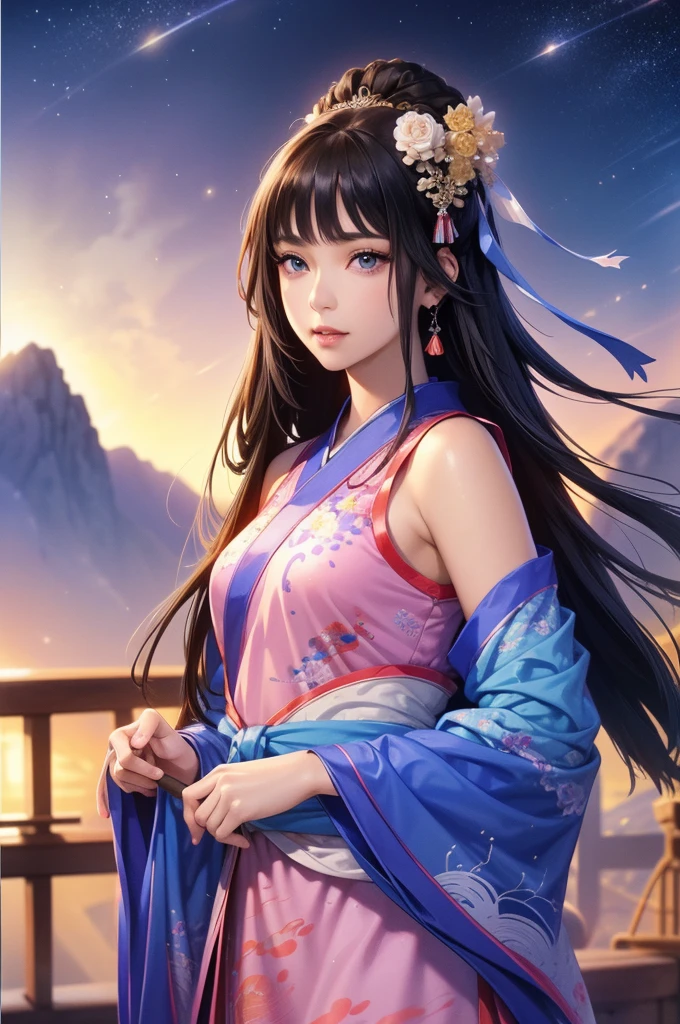 Starry sky landscape、shooting star、Outdoor、 Han Dynasty Landscape、Three Kingdoms、(Highest quality,4K,8k,High resolution,masterpiece:1.2)、Very detailed, High resolution,、Hyper HD、Studio Lighting、Ultra-fine painting、 Sharp focus、 Physically Based Rendering、 Very detailed説明、 Professional、 Vibrant colors、Traditional Chinese Painting Techniques、 Atmospheric lighting、 Vivid color contrast、 Ethereal atmosphere、Very detailed目と顔、 Beautiful attention to detail、 Light on the face、Hanfuを着た少女、(Hanfu: 1.1)、Eyes are green、(((1 girl)))、Dancing on the mountaintop