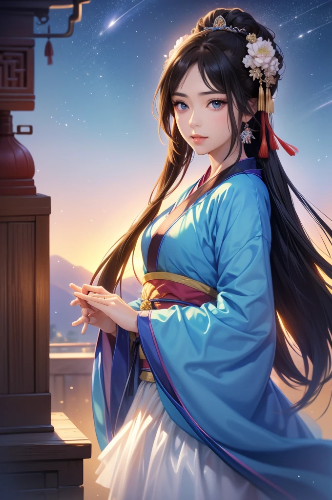 Starry sky landscape、shooting star、Outdoor、 Han Dynasty Landscape、Three Kingdoms、(Highest quality,4K,8k,High resolution,masterpiece:1.2)、Very detailed, High resolution,、Hyper HD、Studio Lighting、Ultra-fine painting、 Sharp focus、 Physically Based Rendering、 Very detailed説明、 Professional、 Vibrant colors、Traditional Chinese Painting Techniques、 Atmospheric lighting、 Vivid color contrast、 Ethereal atmosphere、Very detailed目と顔、 Beautiful attention to detail、 Light on the face、Hanfuを着た少女、(Hanfu: 1.1)、Eyes are green、(((1 girl)))、Dancing on the mountaintop