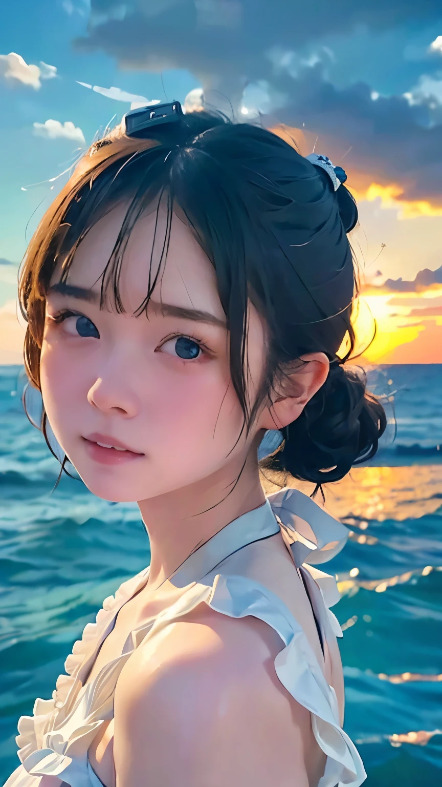  Adorable, Seaside,  Japanese Girls, (Portraiture, close:1),Curly shorthair,  Scrunchie,( cheek,Glossy Lips:1),Frilled bikini,  View your viewers,  ,Sweaty, (Baby Face),   (Embarrassing, smile:0.7), (Pale skin:1.1), (From the side), sunset,  catch_Light, 