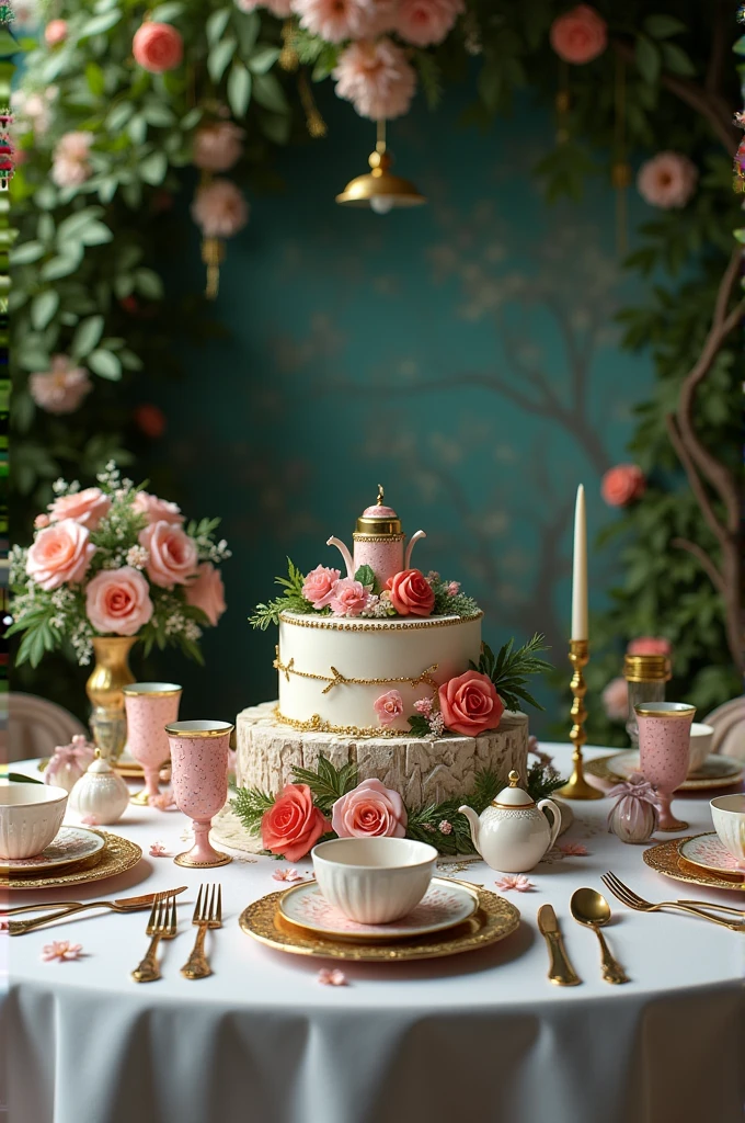 Perfect and organized decoration of the main table of a 15th birthday party with the Alice in Wonderland theme