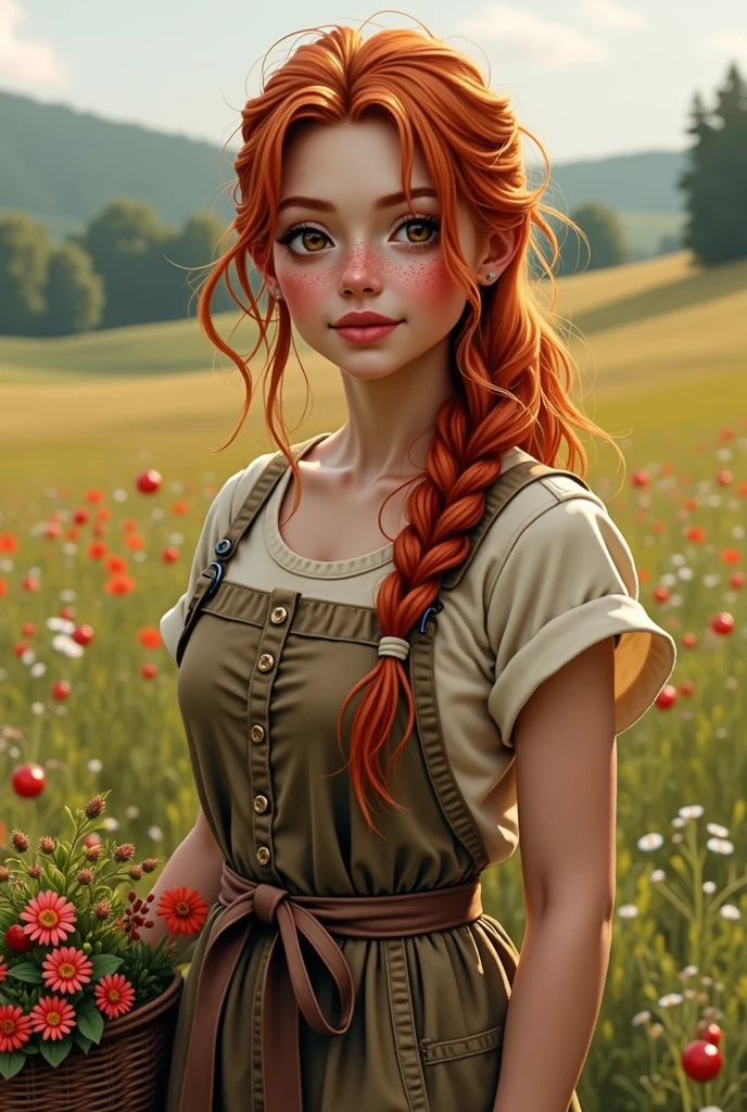 Girl Long, wavy hair with an intense reddish tone, with copper highlights under the sunlight. Her hair is usually up in a messy braid or tied with a simple fabric ribbon, with a few loose strands framing her face. Large, expressive eyes, light brown in color, with a warm glow that reflects his kindness and connection with nature. Her eyelashes are long and dark, giving a touch of sweetness to her look. Skin His skin is light with a hint of pink, slightly tanned by the sun due to the long hours he spends working outdoors. Small freckles can be noticed scattered across her face and shoulders, especially on her nose and cheeks. Face Its face is oval and soft-featured, with rounded cheeks that often turn red from physical exertion. She has full, well-defined lips, with a natural pink color. His nose is small and slightly turned up. Body with a curvy silhouette, with pronounced hips and a strong but feminine figure. Their arms and legs show defined muscles, the result of physical work, but they maintain a delicate appearance. His posture is upright and confident, but with a touch of humility. Wear a simple work dress made of sturdy fabric, such as cotton or linen, in earthy tones such as brown, beige, or olive green. The dress is worn around the edges, a sign of constant use, and is tied around her waist with a brown leather belt. His boots are sturdy, made of dark leather and a little worn, designed to withstand long days in the field. At times, she may be barefoot, showing feet that have known hard work but move with grace. Bring a basket or flowers picked from the field.