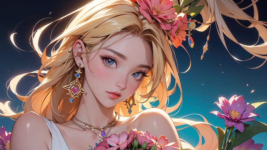 32K, 最高quality, 最高masterpiece, (ultra-Detailed Background, Detailed Background), High resolution, Super detailed, Very detailedな, 1 personの, (bouquet:1.3), (Tangled:1.2), (Geometric:1.2),(colorful),(masterpiece, quality, best quality, Official Art, Beautiful and beautiful:1.2), (1 person:1.3), Very detailed,(colorful:1.1)(Flowers:1.3),Most detailed,(Tangled:1.2), whole body, (Abstract background:1.3), (Skin glows), (Many colors:1.4), ,(Earrings Jewelry:1.5), Gradient Background, It's imaginative., Flaxen Hair,