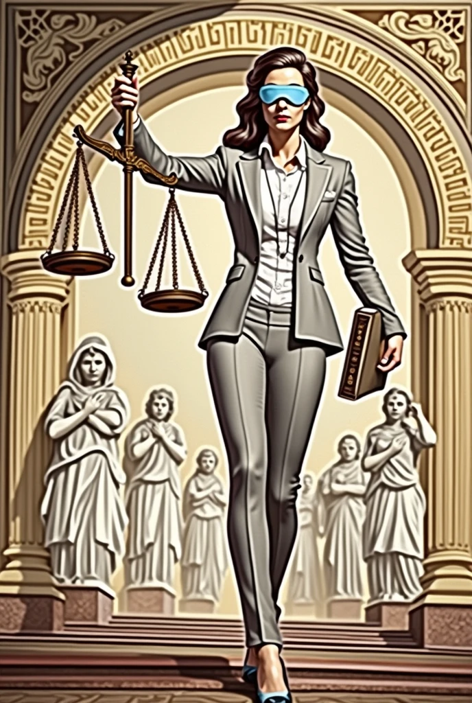 a lady holding a scale and a sword in her hand, Greek Titan goddess Themis, by Pablo Munoz Gomez, justice, zodiac Libra sign, by László Balogh, by Nicolas Marsicano, Libra, Libra symbol, Lt. Alexander Kucharsky, Lt. Eugeniusz Zak, by Ignacio Zuloaga, "A lawyer represented as Lady Justice.. She is dressed in a modern, dark grey tailored suit with a white blouse, standing confidently. She is wearing a blindfold, symbolizing impartiality, and holds a pair of traditional scales in one hand and a book in the other. His expression is calm and determined... The background shows the Olympus of the gods